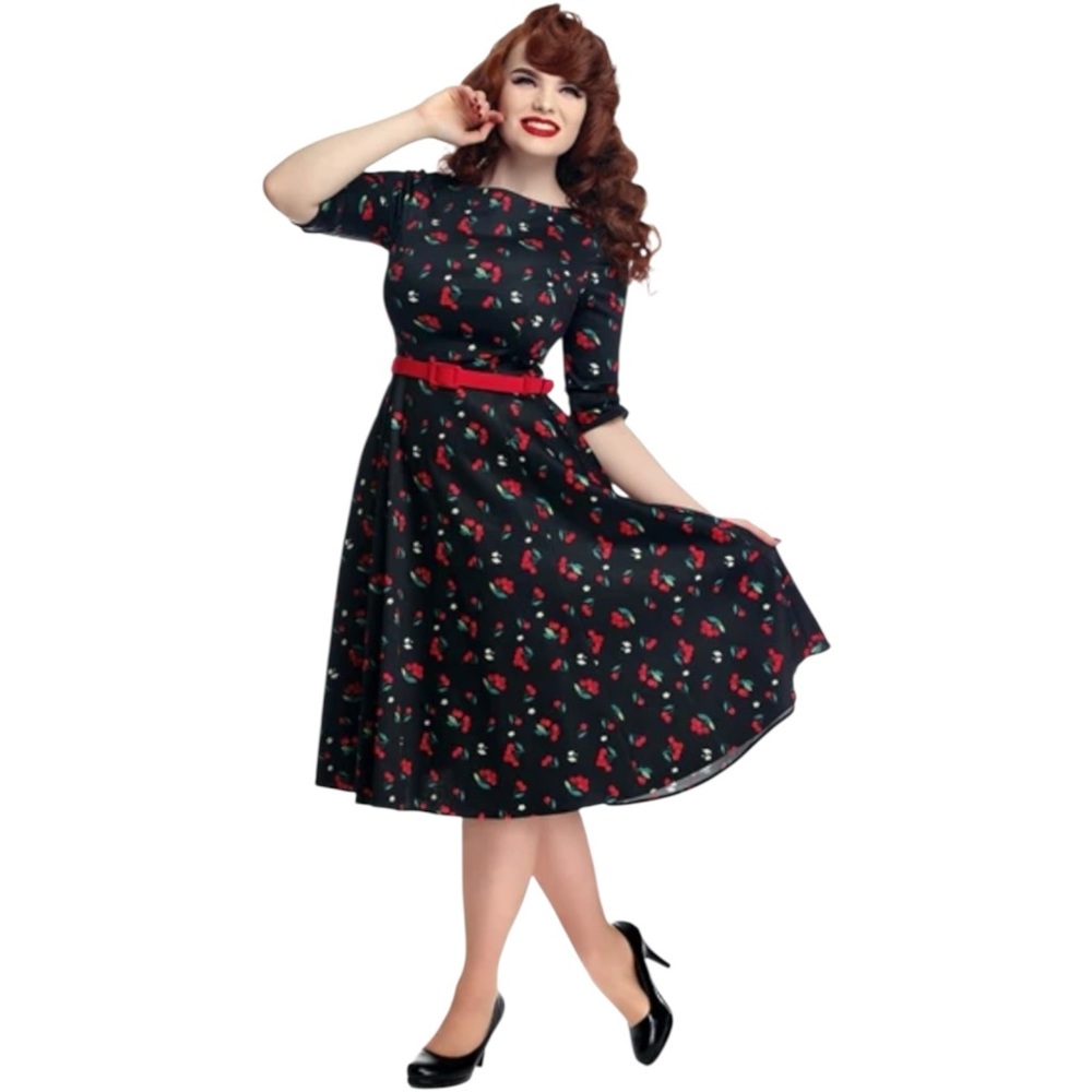 Collectif Suzanne Cherries & Blossom Swing Dress Size 2XL Flare Retro Mod
